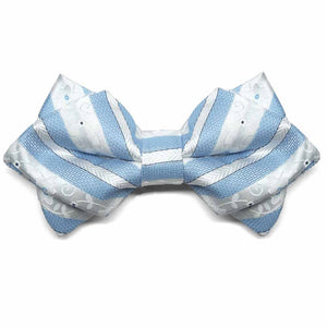 Front view of a blue and white floral stripe diamond tip bow tie