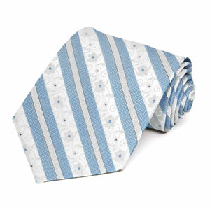 Rolled view of a blue and white floral stripe necktie