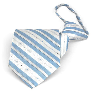 Folded front view of a blue and white floral stripe zipper style tie