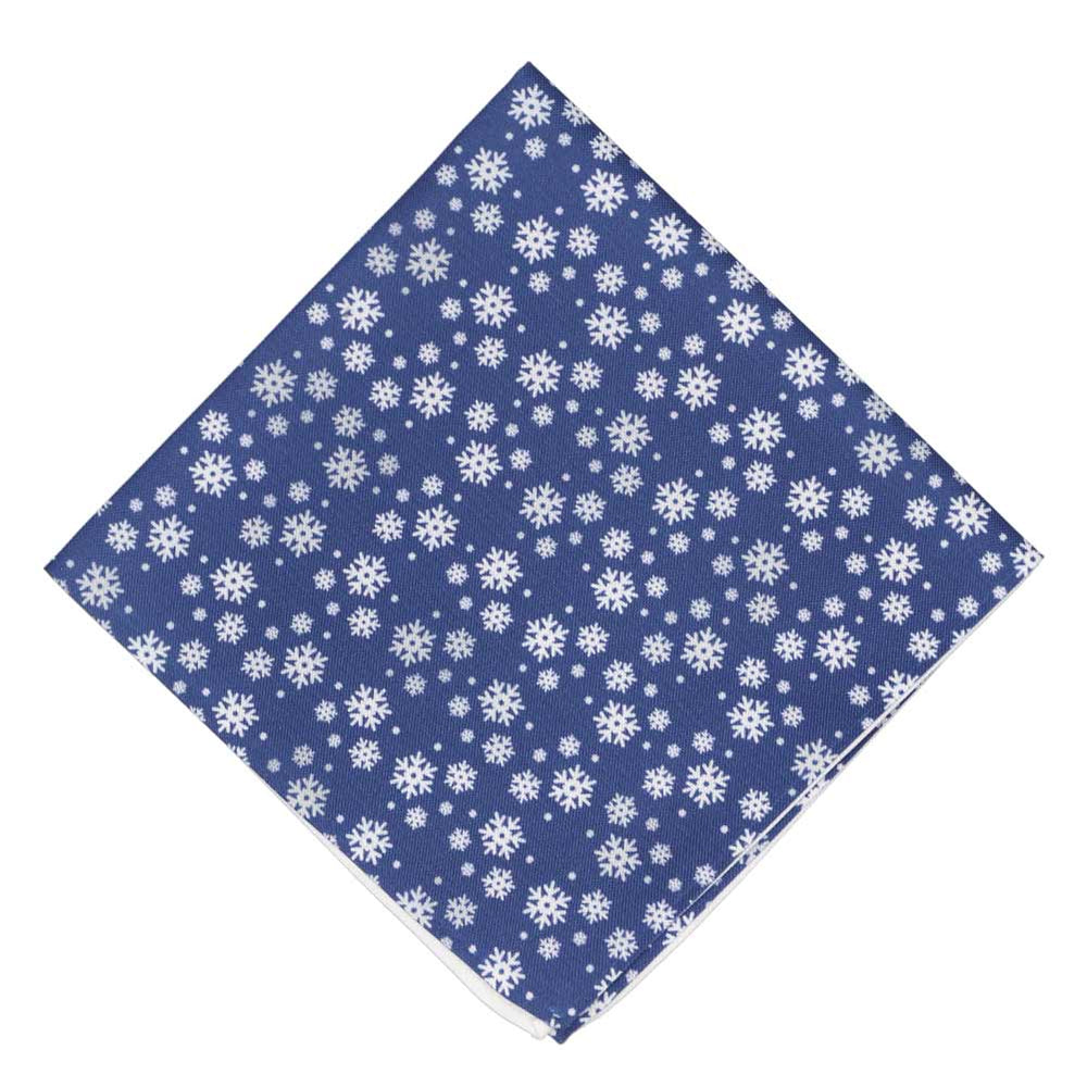 A dark blue novelty pocket square with an all over white snowflake pattern