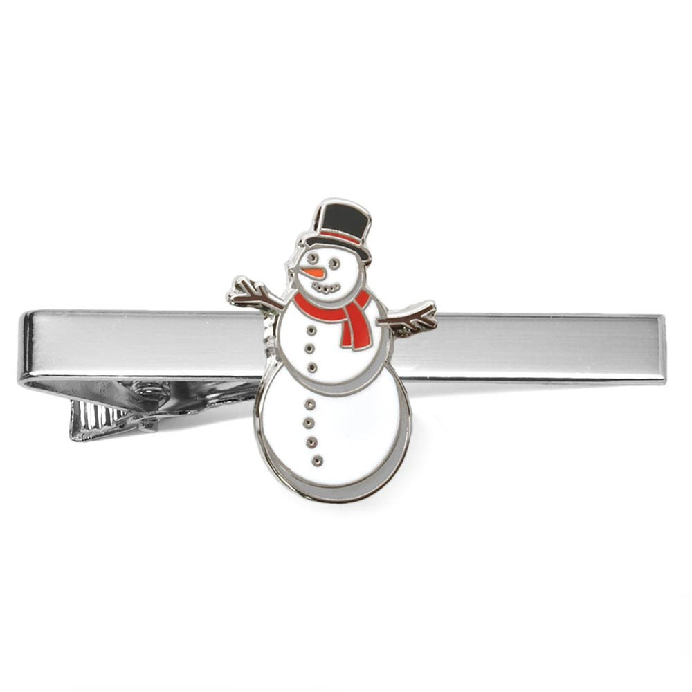 A silver tie bar with a snowman.