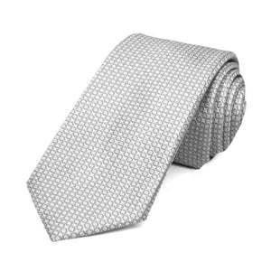 Light gray circle pattern slim necktie, rolled to show texture