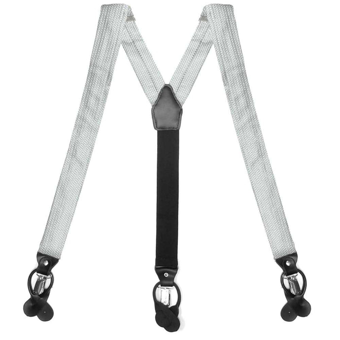 Light gray circle pattern suspenders, flat front view to show straps and clips