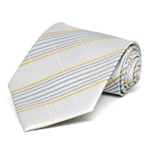Load image into Gallery viewer, Rolled view of an extra long gray and yellow plaid necktie
