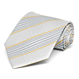 Rolled view of an extra long gray and yellow plaid necktie