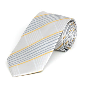 Gray and yellow plaid slim necktie, rolled to show pattern