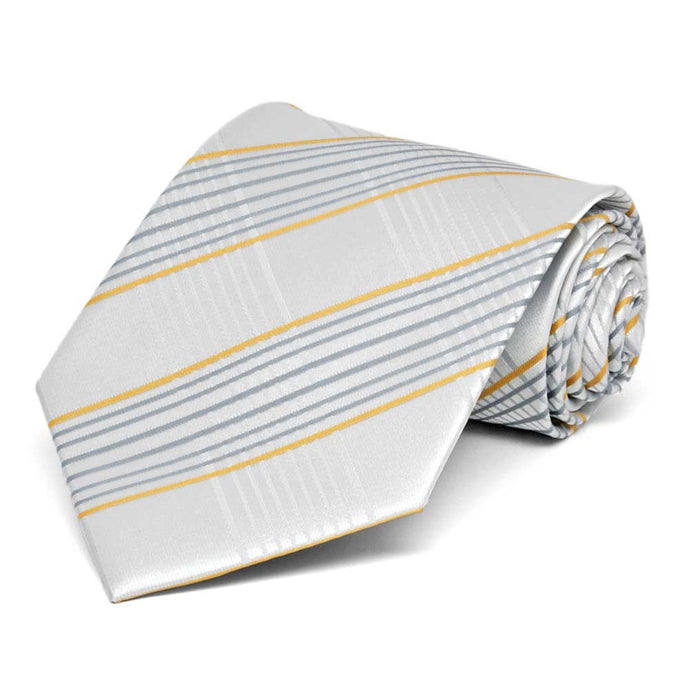 Rolled view of a gray and yellow plaid necktie