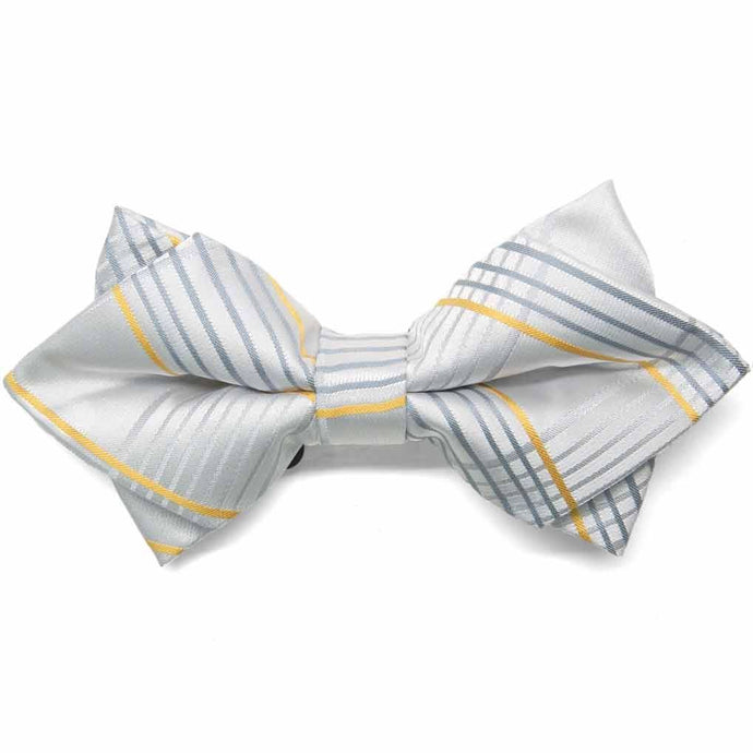 Gray and yellow plaid diamond tip bow tie, front view