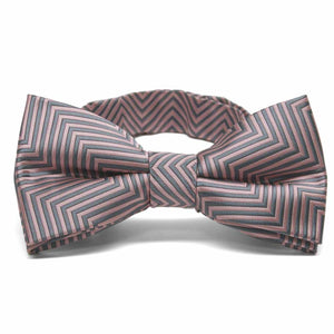 Light pink and gray chevron striped bow tie, front view to show pattern up close