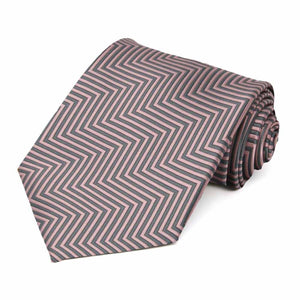 Rolled view of a pink and gray chevron striped necktie