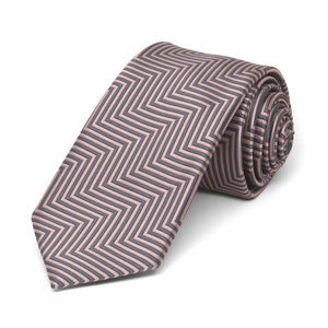 Rolled view of a pink and gray chevron pattern slim tie