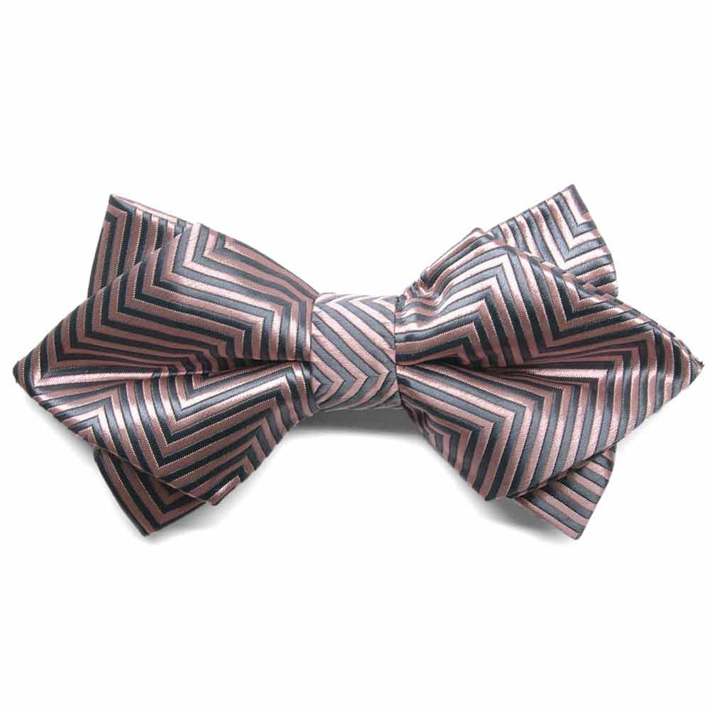 Front view of a pink and gray chevron pattern diamond tip bow tie