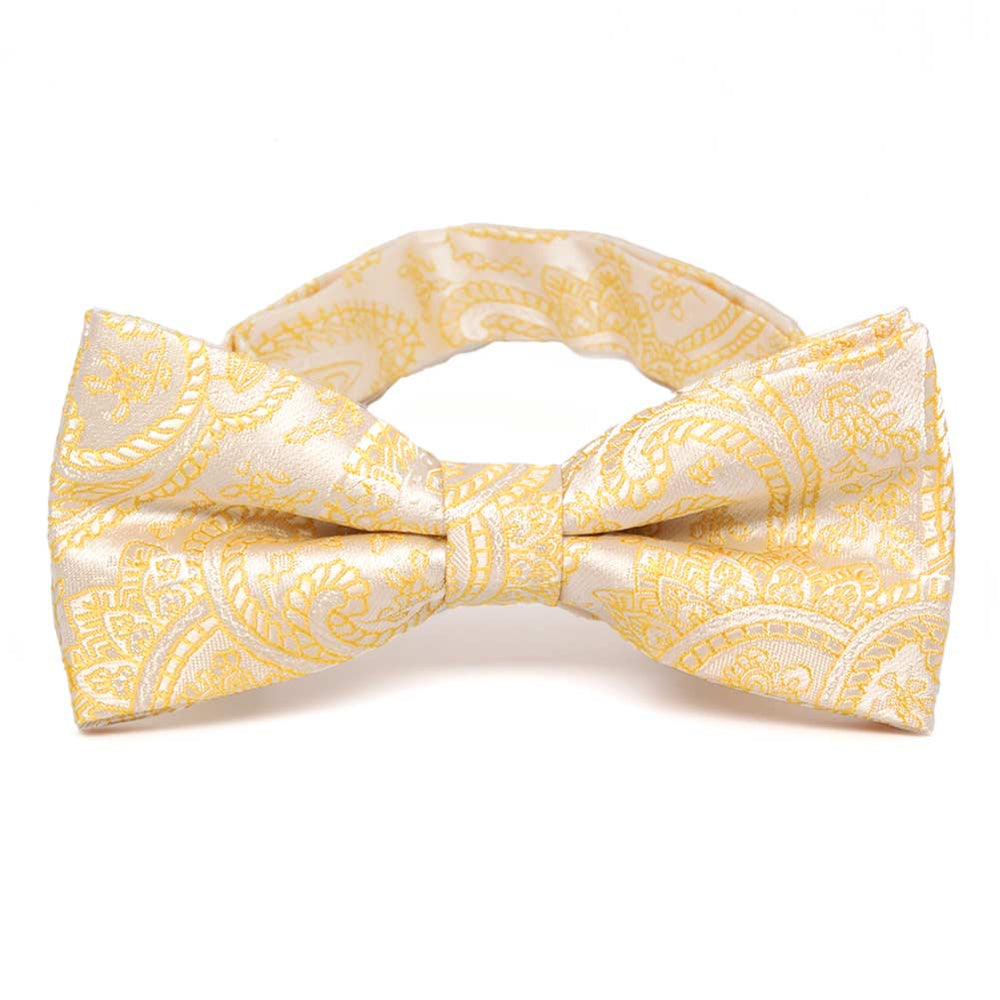 Light yellow paisley bow tie, close up front view to show pattern