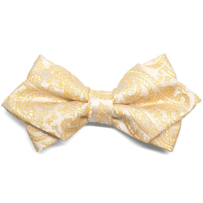Light yellow paisley diamond tip bow tie, close up front view