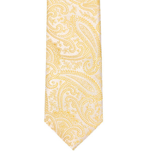 Flat front view of a light yellow paisley necktie