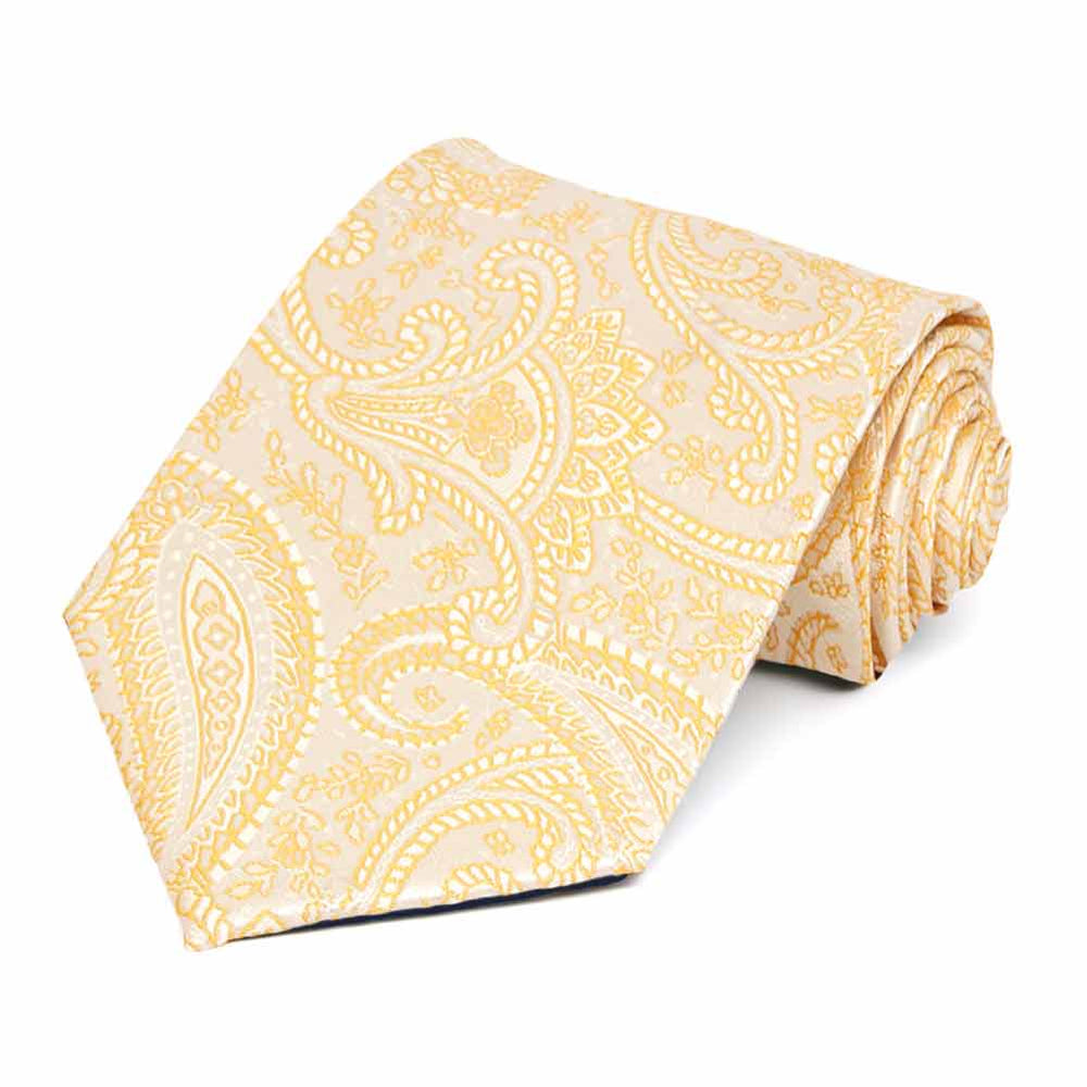 Rolled view of a light yellow paisley necktie