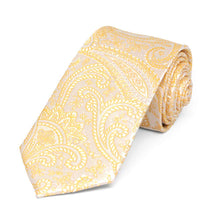 Load image into Gallery viewer, Light yellow paisley slim necktie, rolled view