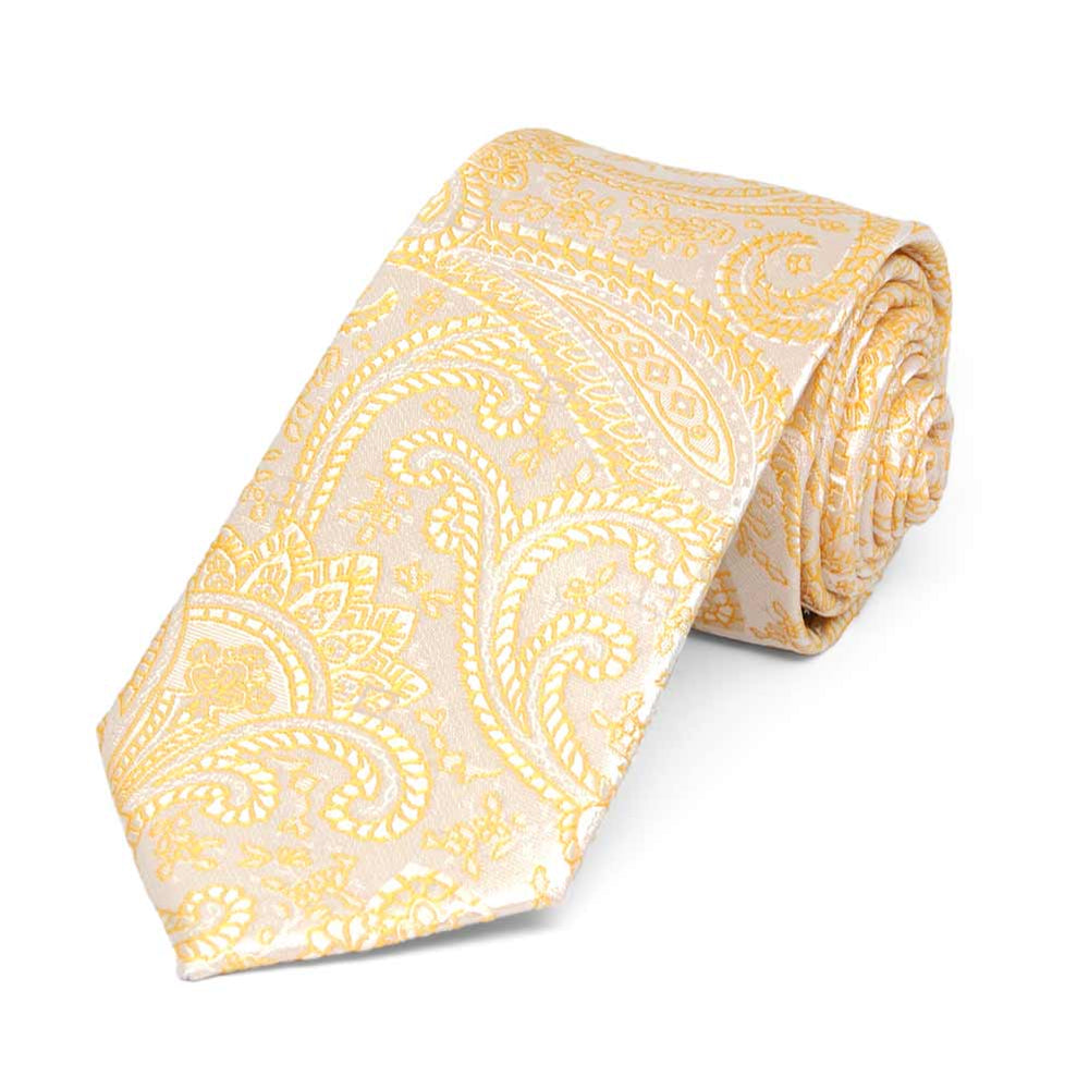 Light yellow paisley slim necktie, rolled view