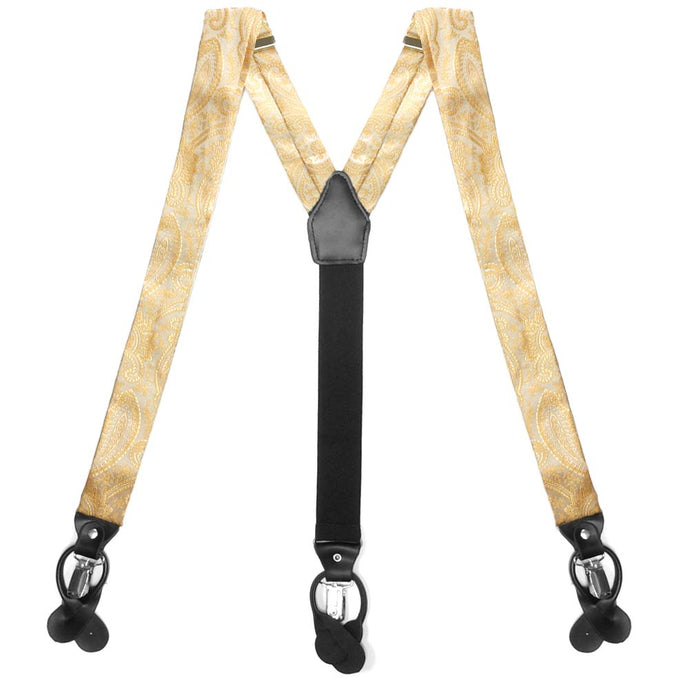 Light yellow paisley suspenders, front view to show clips and straps