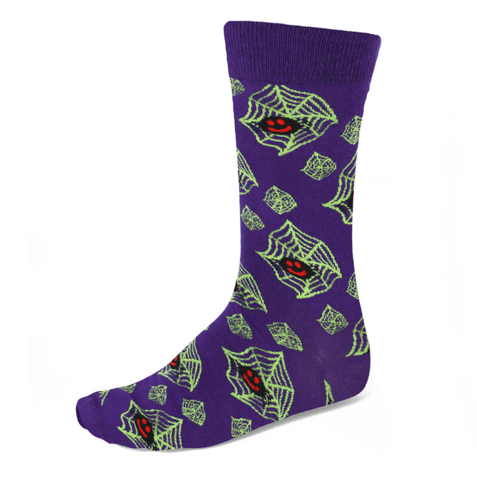 Men's spooky spider theme socks on dark purple background