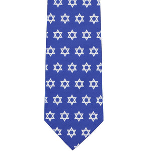 The front bottom view of a star of david tie in blue and white
