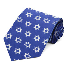 Load image into Gallery viewer, A repeated Star of David design on a blue tie, rolled to show off the pattern