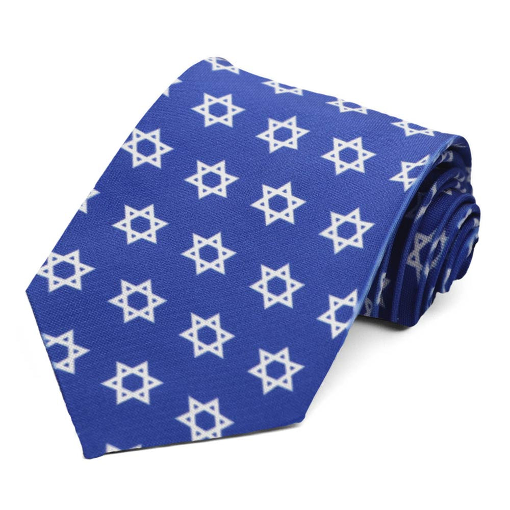 A repeated Star of David design on a blue tie, rolled to show off the pattern