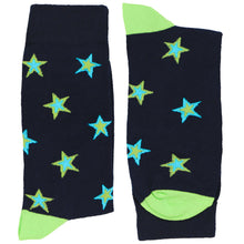 Load image into Gallery viewer, A folded pair of navy, turquoise and lime green star socks