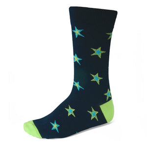 Men's blue and green star socks on navy blue background