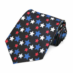 Red, white and blue American stars on a black tie.