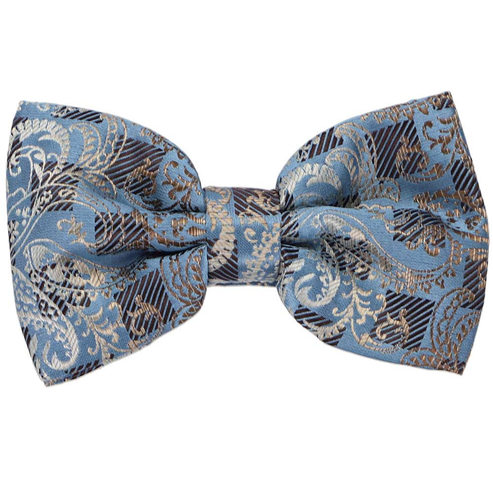 A pre-tied bow tie in a muted with and tan with a textured paisley and ribbed square pattern