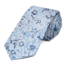 Load image into Gallery viewer, Steel blue floral tie, rolled to show texture and pattern