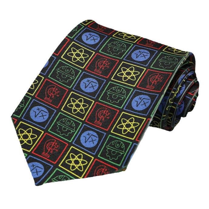 Primary color STEM icons on a black tie.