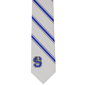 Gray, blue and white striped tie with a Sterling Middle School logo on the bottom left tip