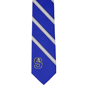 Blue, gray and white striped tie with a Sterling Middle School logo on the bottom left tip