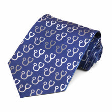Load image into Gallery viewer, Stethoscope design in white and gray on a dark blue novelty tie