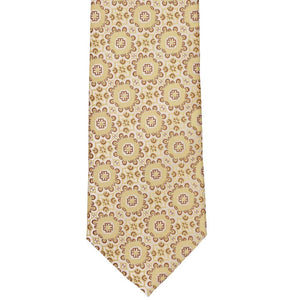 Flat front view of a tan floral necktie