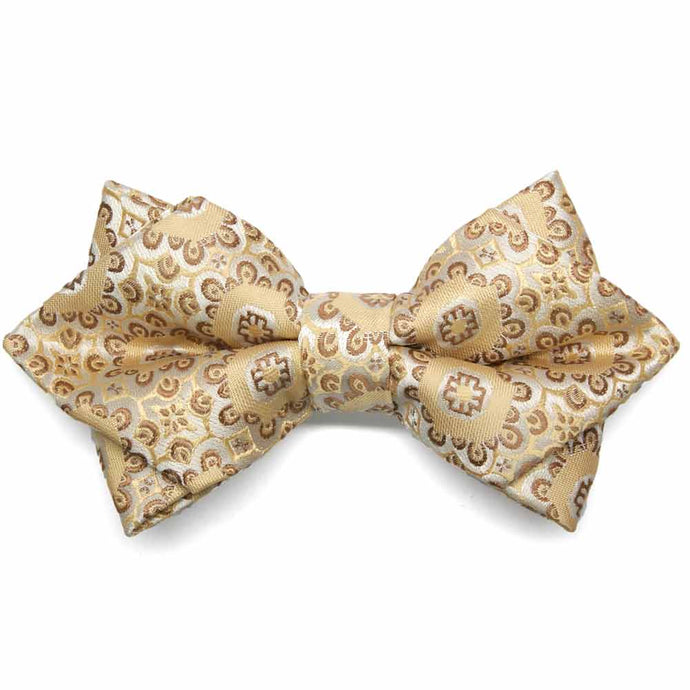 Front view of a tan floral pattern diamond tip bow tie