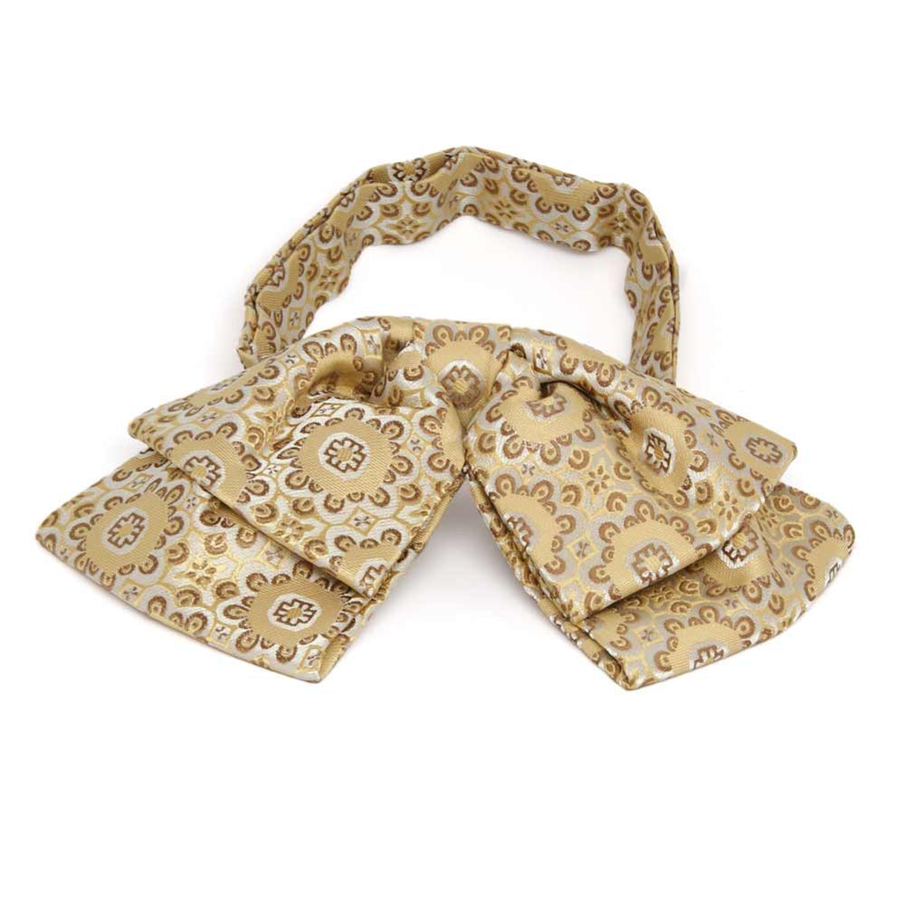 Front view of a tan floral pattern floppy bow tie