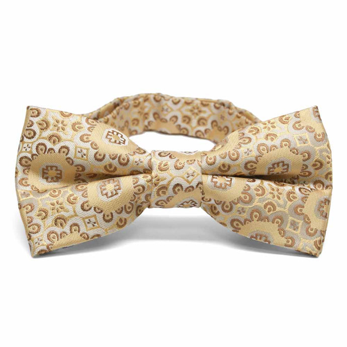 Front view of a tan floral pattern bow tie