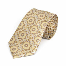 Load image into Gallery viewer, Rolled view of a tan floral pattern slim necktie