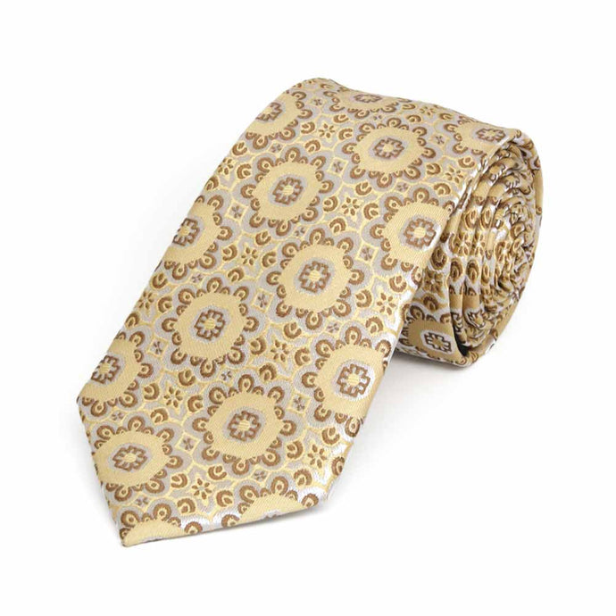 Rolled view of a tan floral pattern slim necktie
