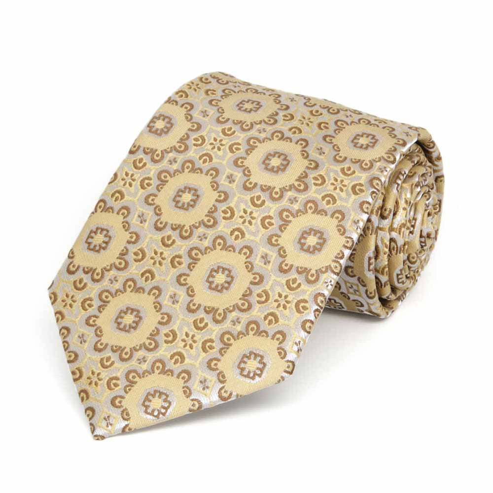 Rolled view of a tan floral pattern boys' necktie