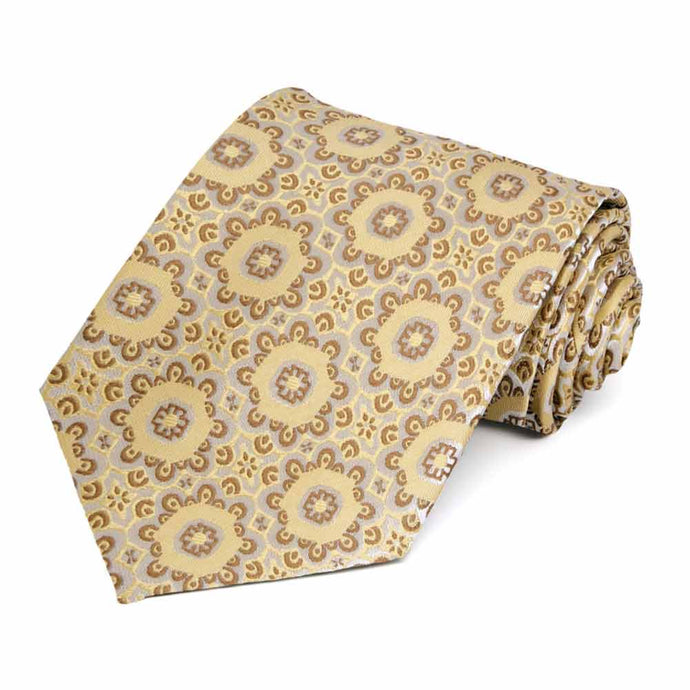 Rolled view of a tan floral pattern necktie