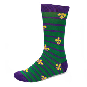 A mardi gras sock in dark purple and green stripes with a yellow fleur-de-lis pattern