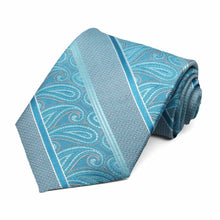 Load image into Gallery viewer, Unique turquoise paisley and striped necktie rolled to show pattern