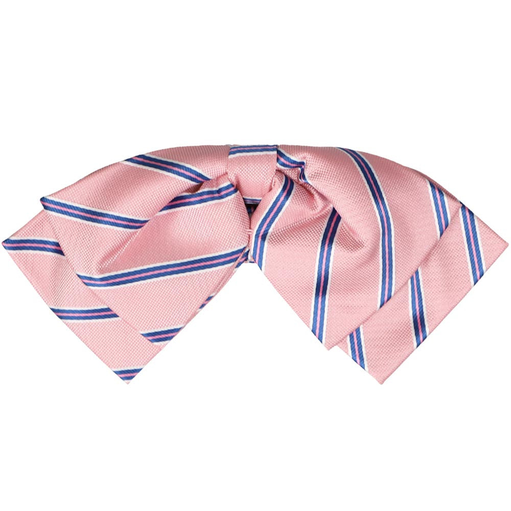 Pink, blue and white pencil striped floppy bow tie, front view 