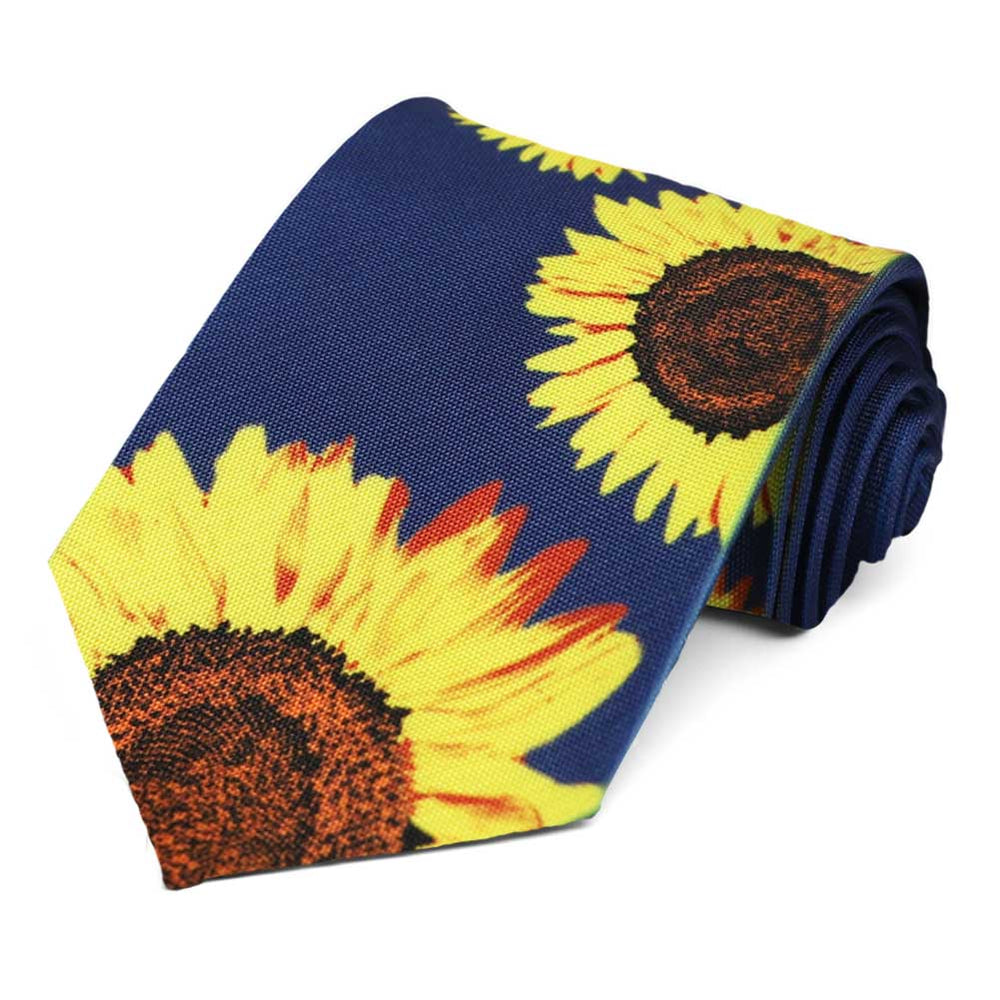 Dark blue necktie with large sunflowers on it