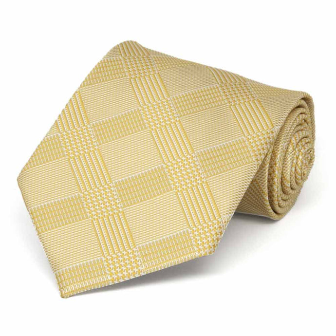 Rolled view of a light yellow plaid extra long necktie