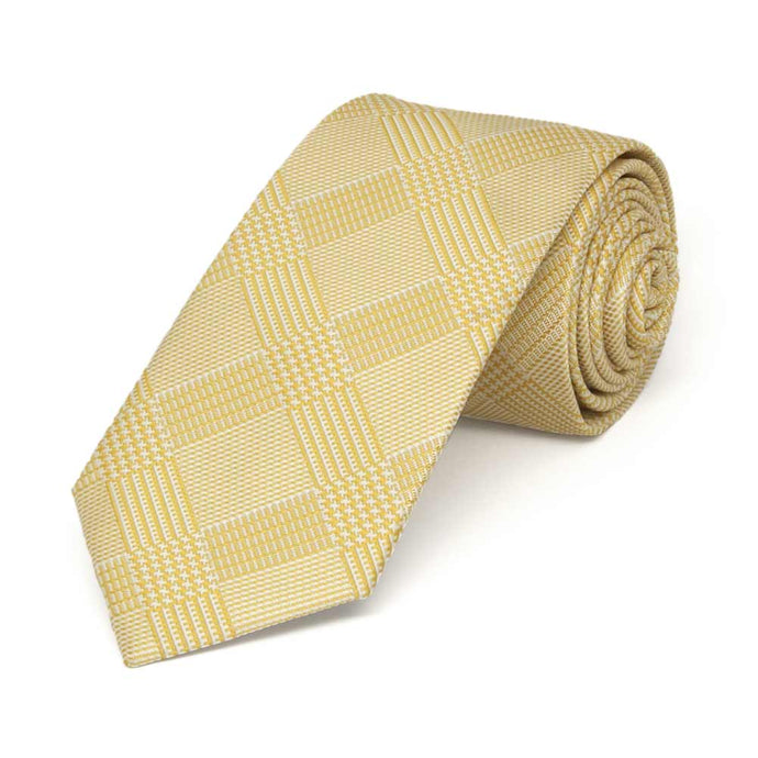 Light yellow plaid slim necktie, rolled to show pattern up close